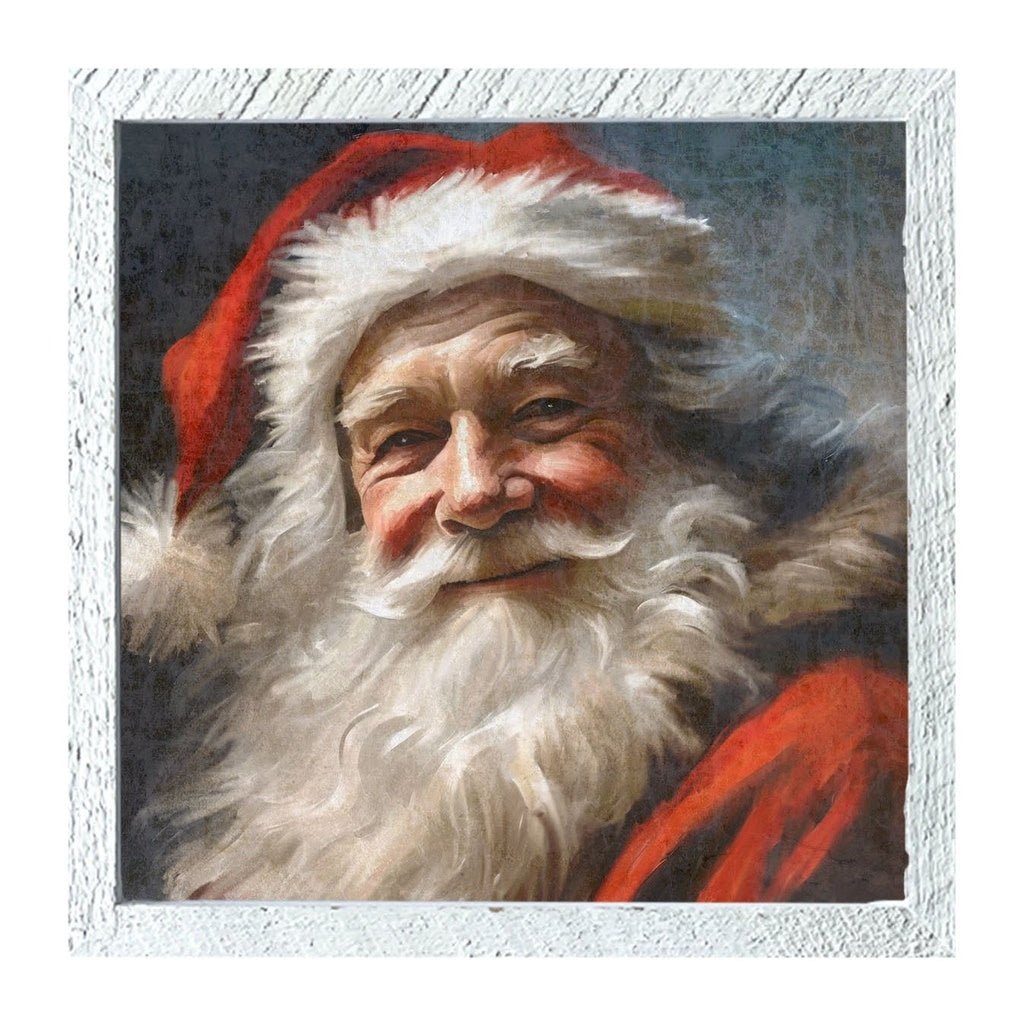 White Grinning Santa print on matte art paper with a reclaimed barn wood frame.