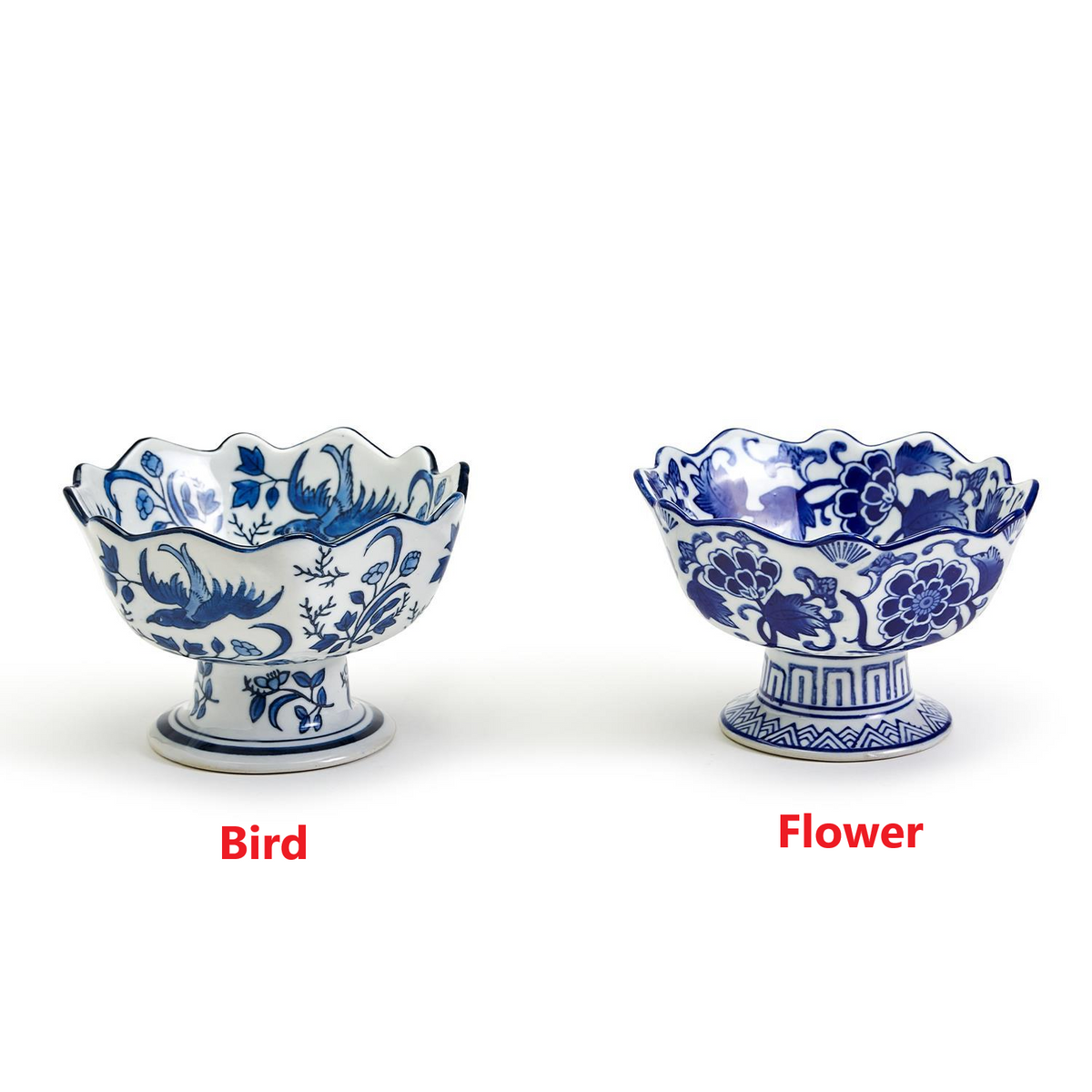 Two blue and white hand-painted porcelain footed bowls with scalloped edges in bird and flower designs.