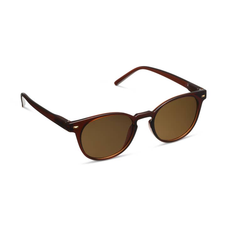 Boho II Bifocal Sun glasses with round brown frames and solid amber lenses.