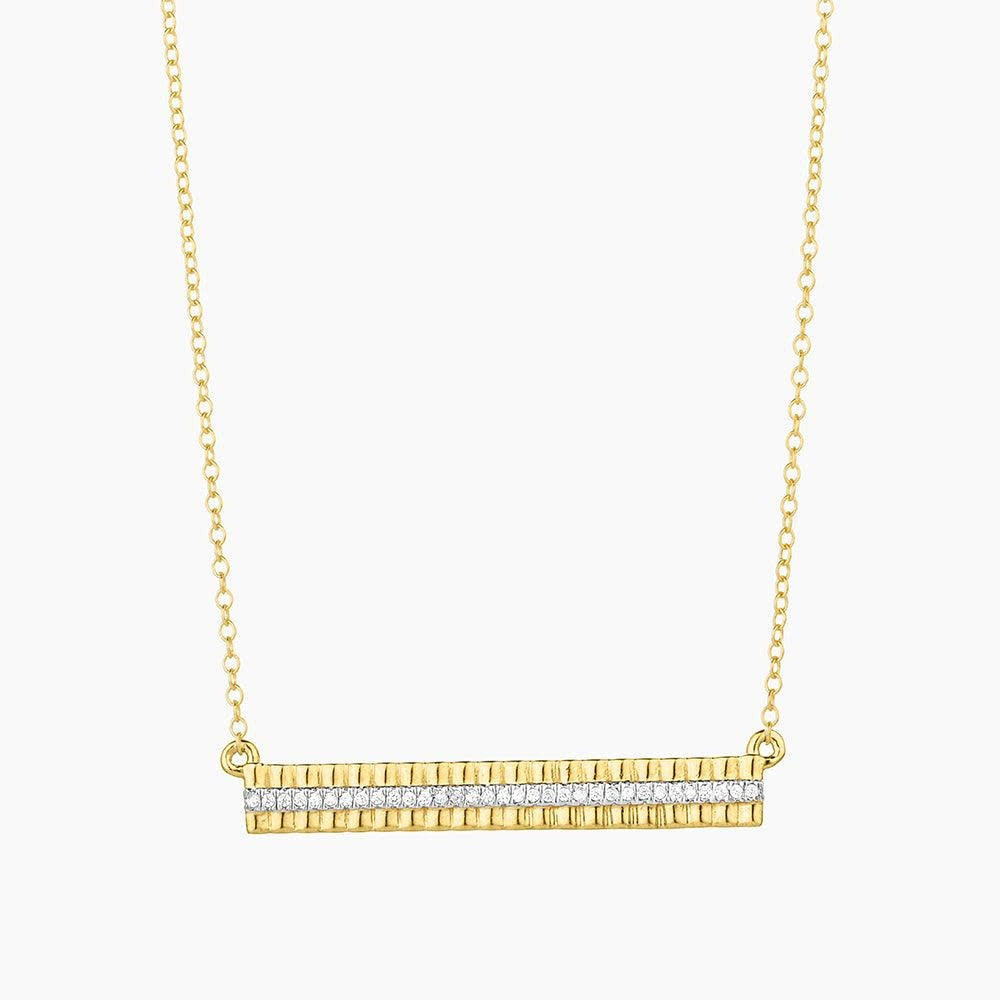 Silver diamond bar pendant necklace on a chain with lobster clasp closure.