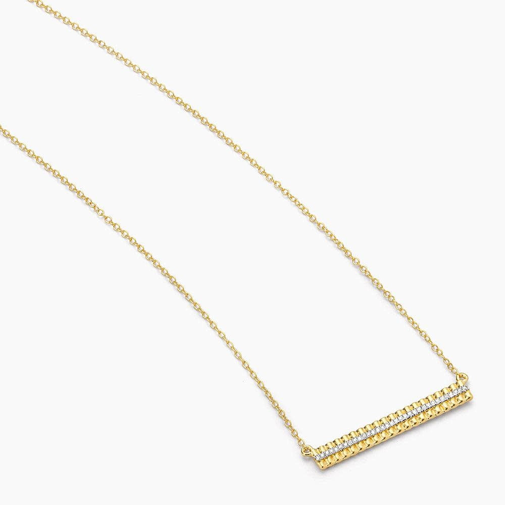 Silver diamond bar pendant necklace on a chain with lobster clasp closure.