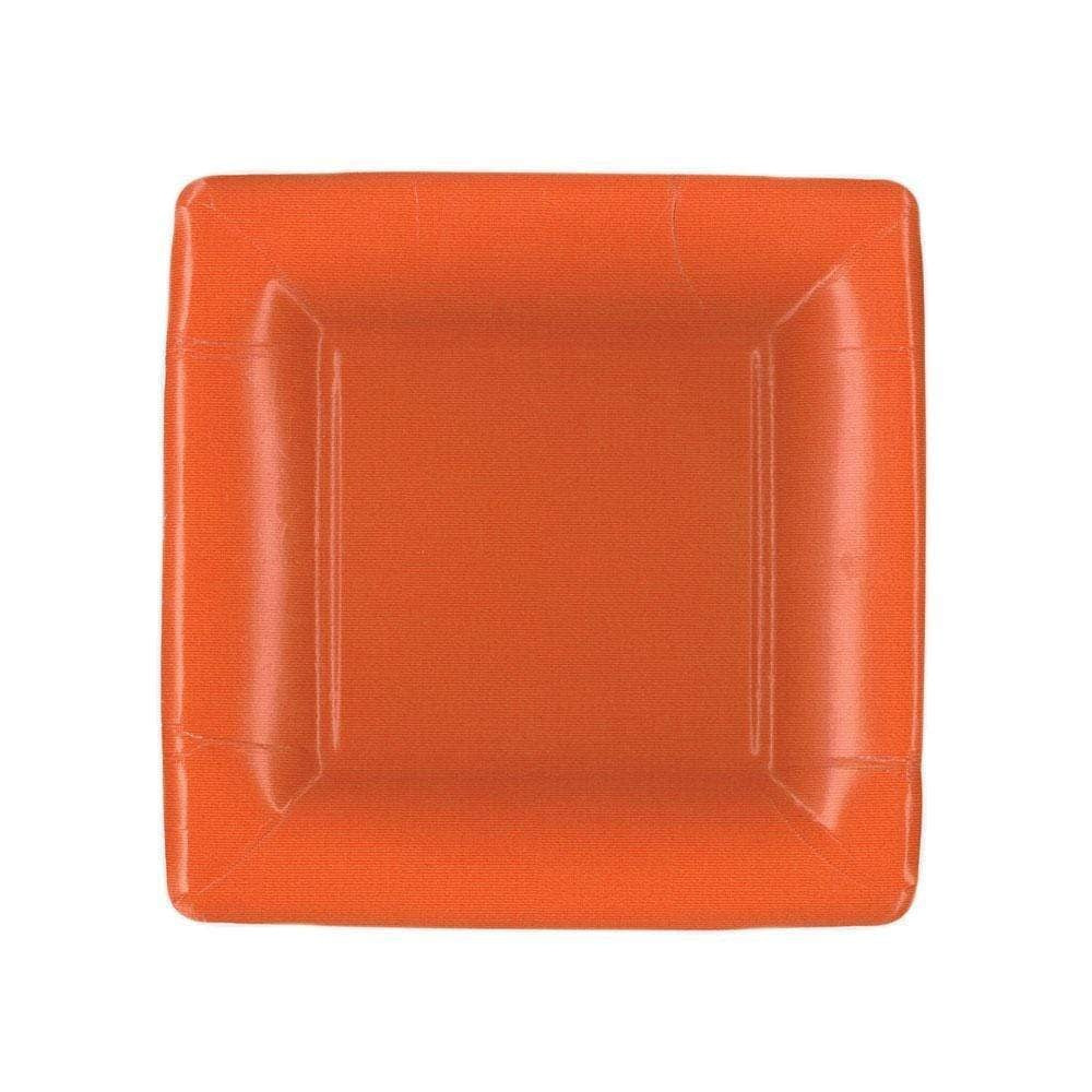 Deep orange grosgrain square paper plates with a porcelain-like rim detail