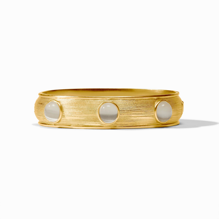 Gold-plated Cobblestone Stone Hinge Bangle with three round, white glass stones.