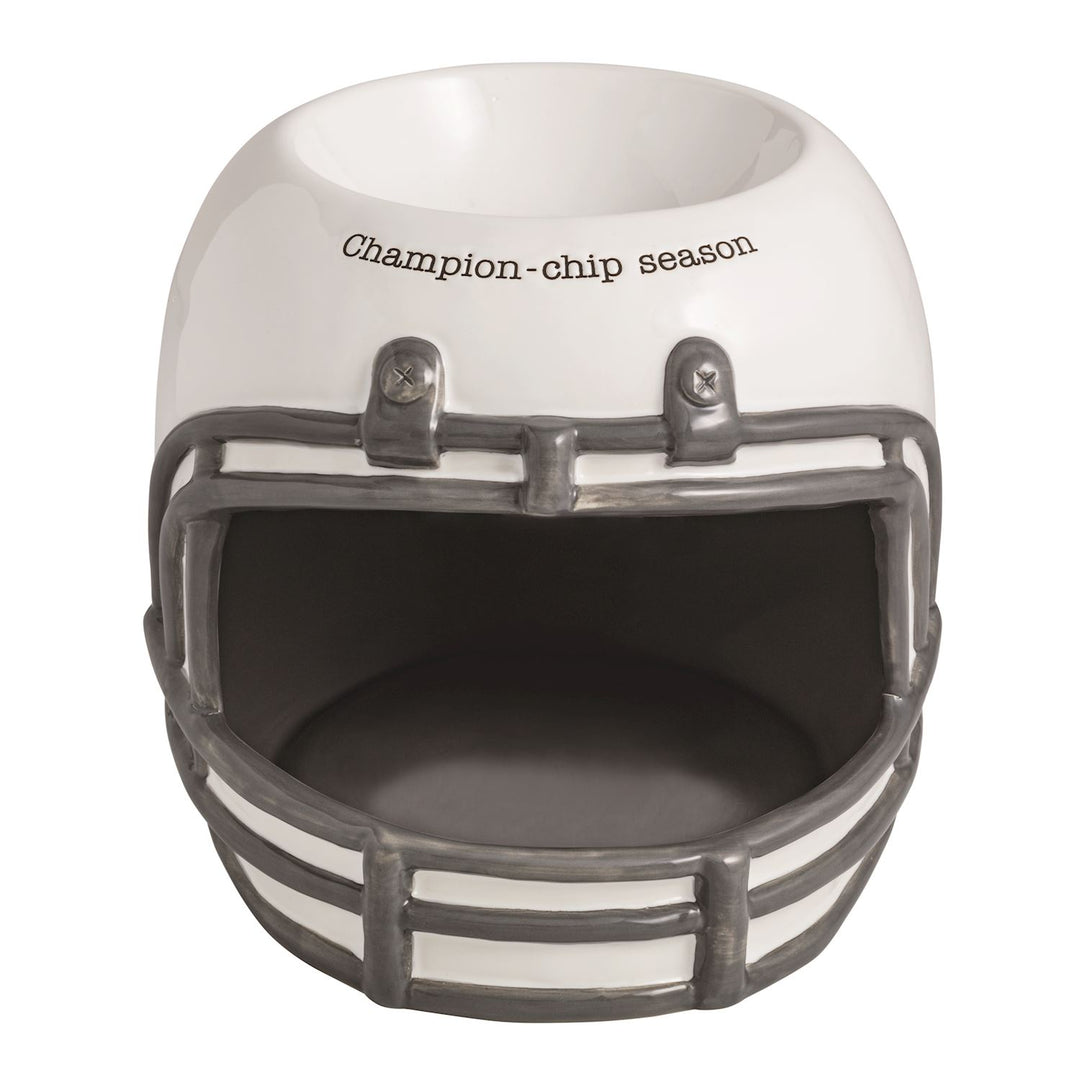 Hand-painted ceramic football helmet chip and dip server with 'Champion-chip season' text.