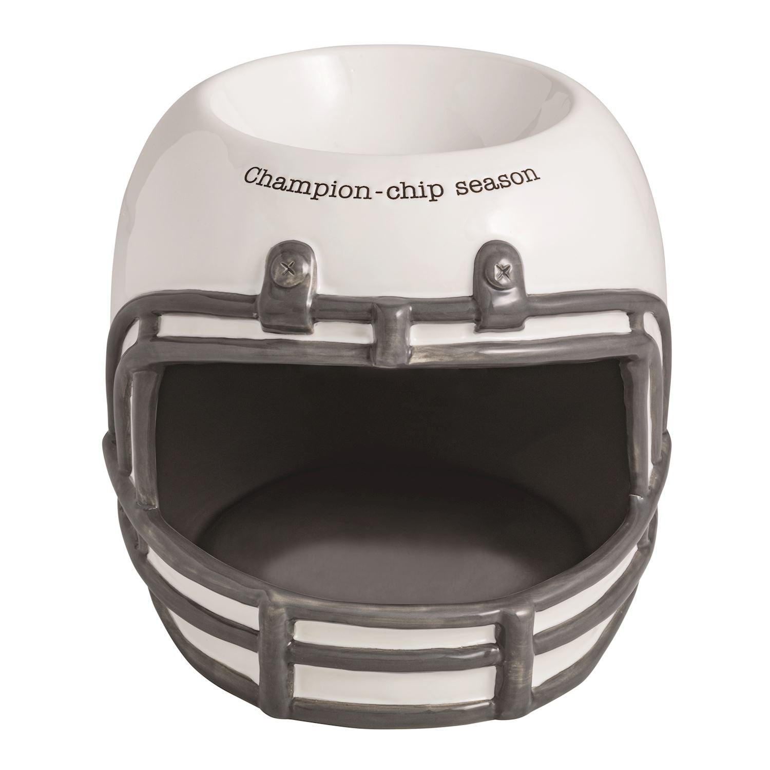 Hand-painted ceramic football helmet chip and dip server with 'Champion-chip season' text.