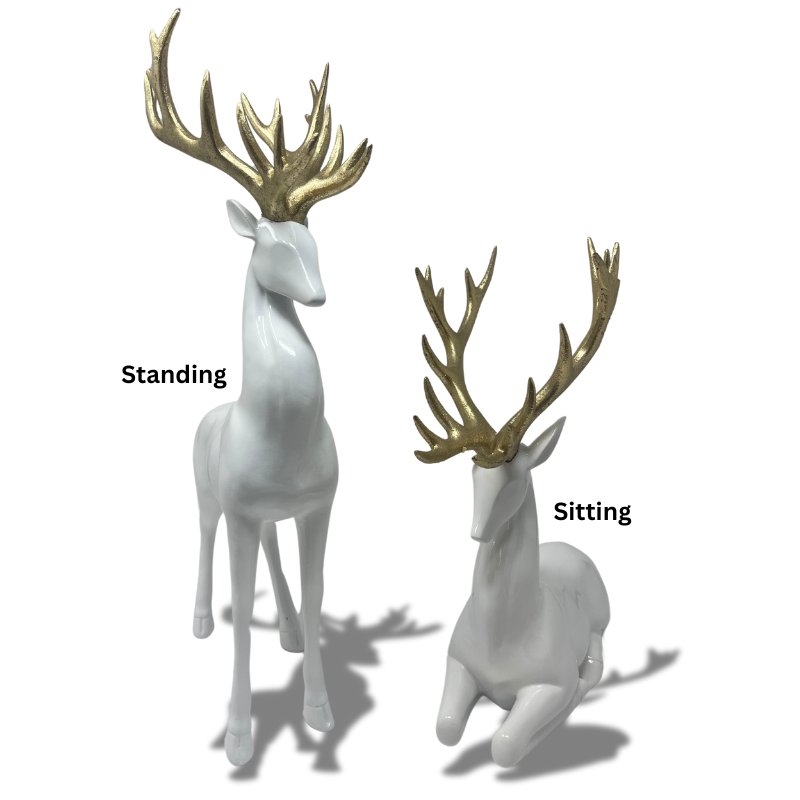 Two resin deer figurines in brown with white antlers; one stands 13 inches tall and the other 18 inches.