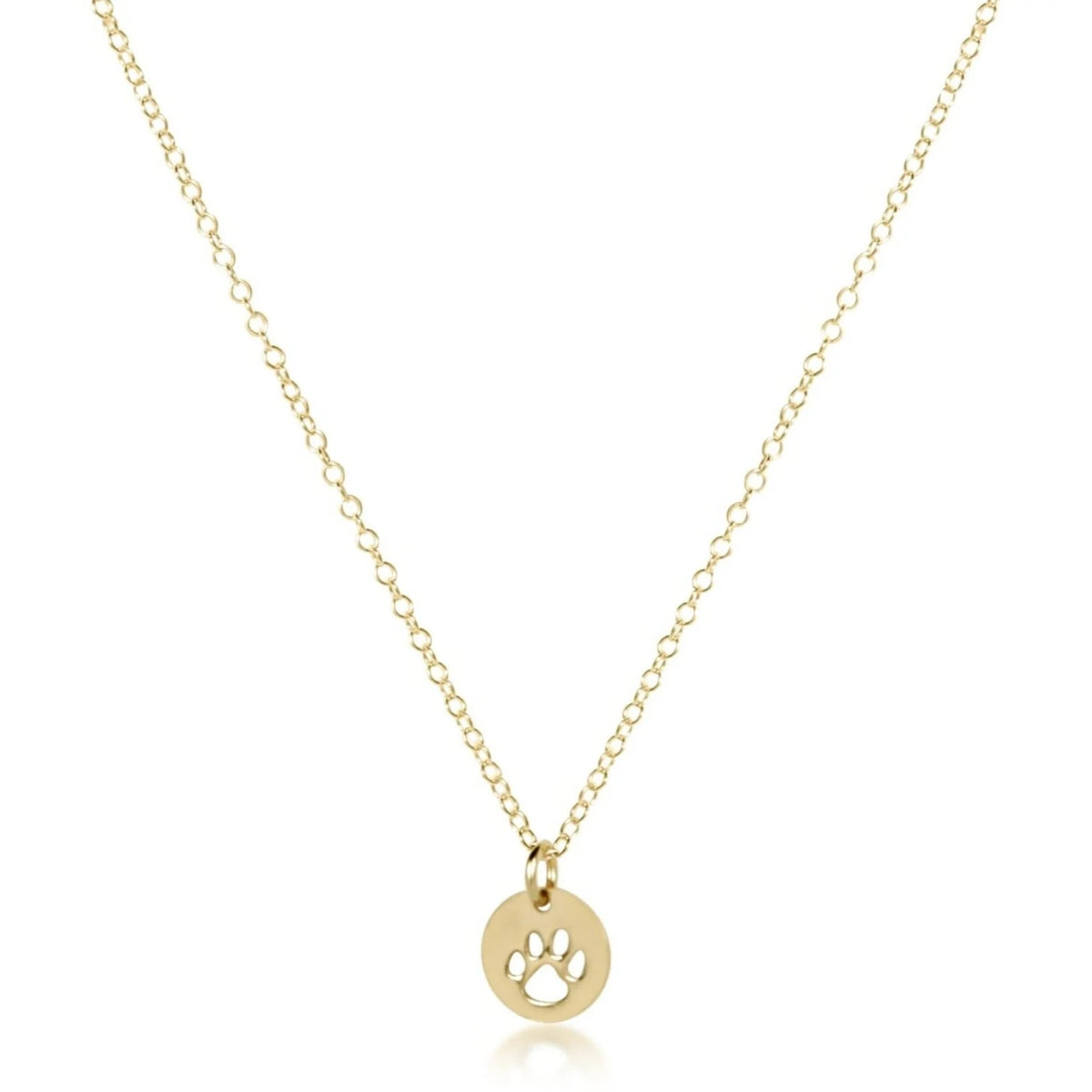 Gold-filled necklace with an eight-millimeter paw print disc charm on a sixteen-inch chain.