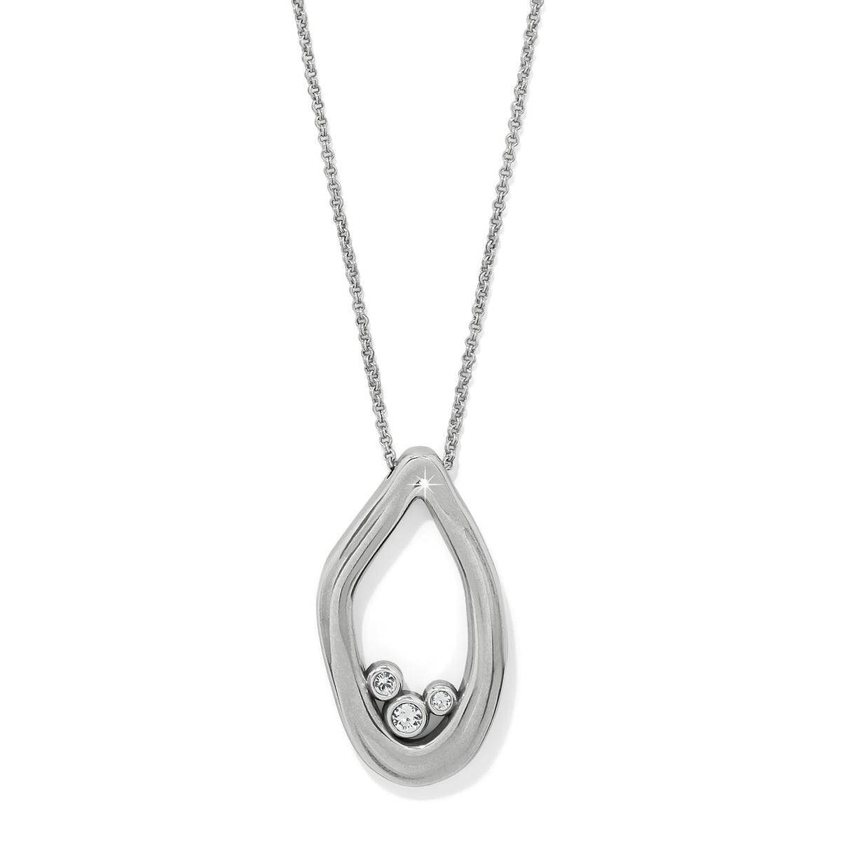Silver plated Cascade Lumina Necklace with an organic teardrop pendant and three crystal accents.