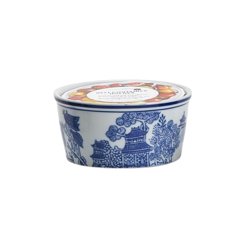 8 oz. porcelain deli container holder with blue and white hand-painted Chinoiserie landscape design.