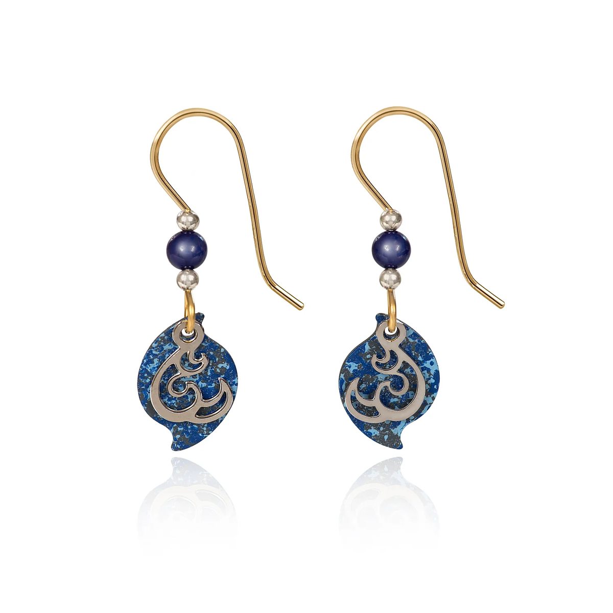 Open silver-plated curl earring with blue paisley shape attached to a round blue bead on surgical steel wire