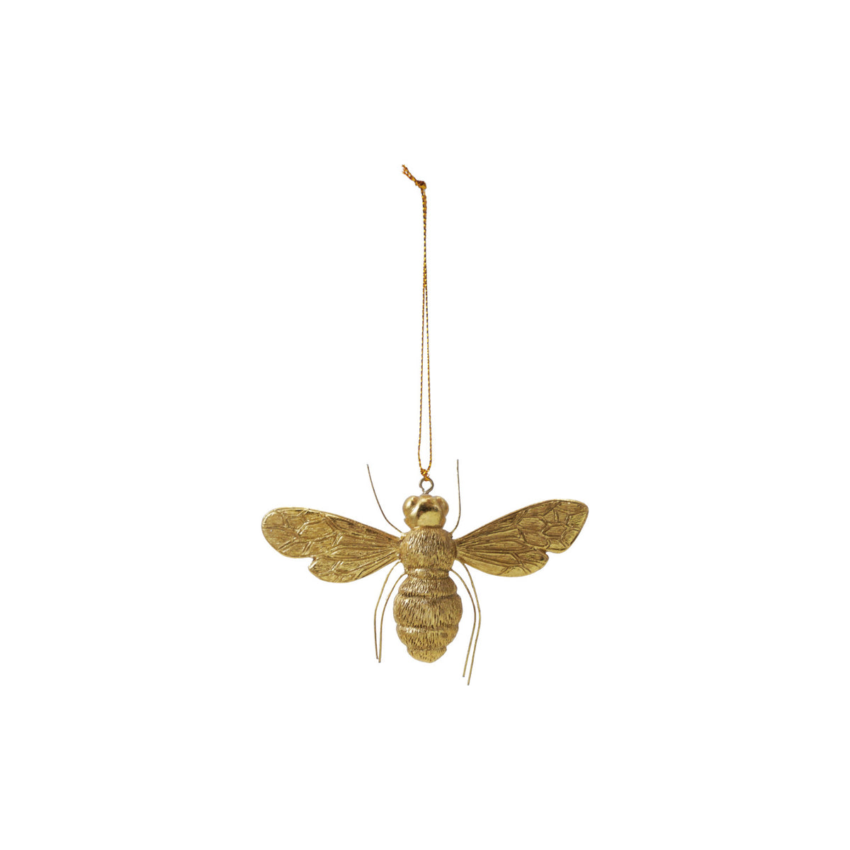 Gold resin bee ornament with wire legs and a hanging string against a white background.