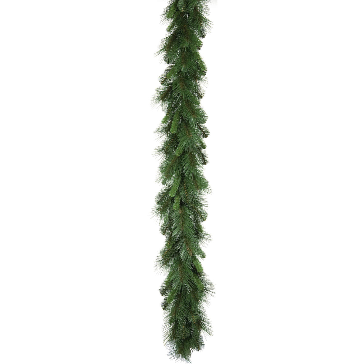 9-foot long green mixed pine garland made of PVC, featuring dense and realistic needles.