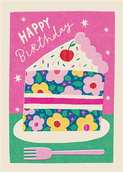 Happy Birthday greeting card with a colorful slice of cake illustration on the front cover.