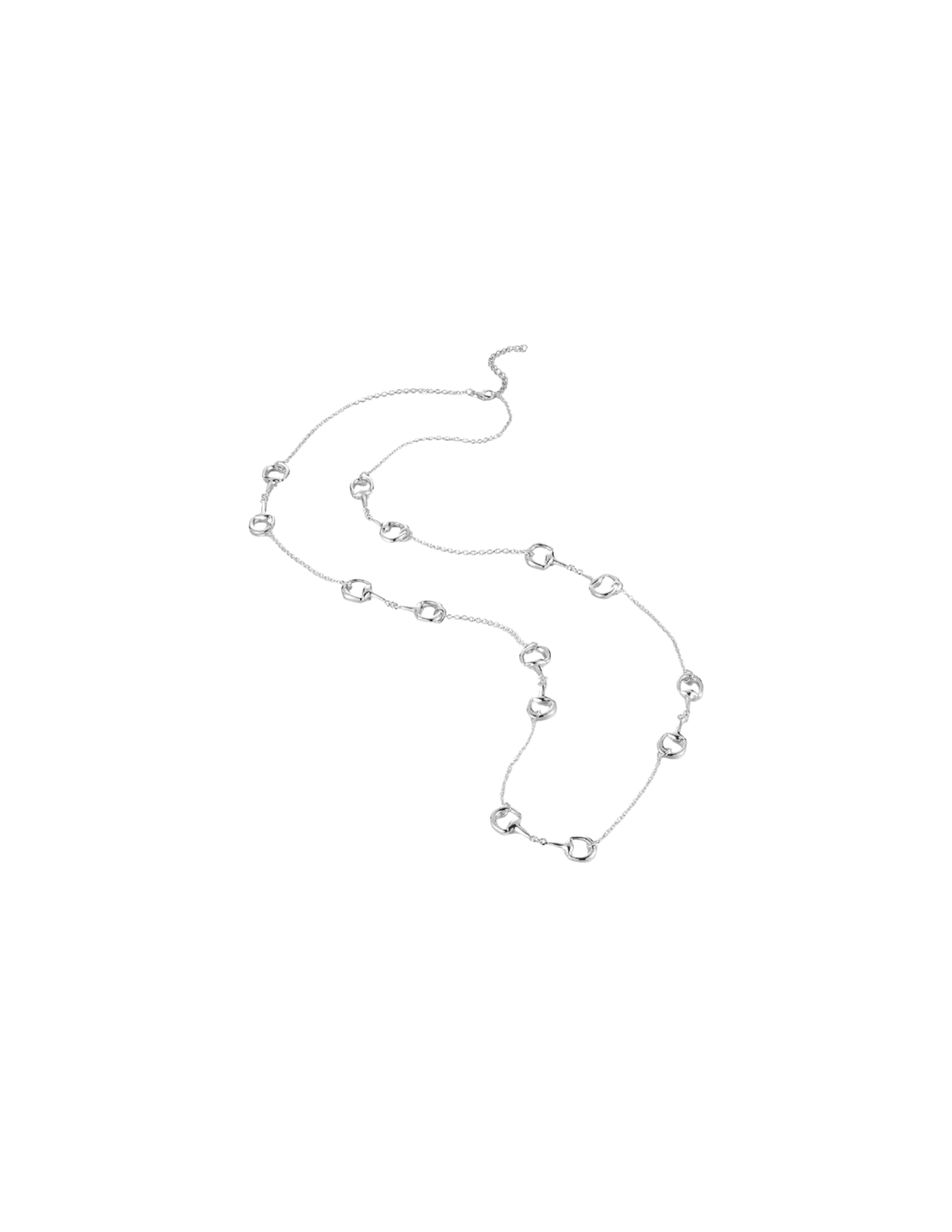 Silver horse bit station necklace with a delicate chain and multiple horse bit motifs.