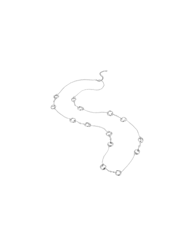 Silver horse bit station necklace with a delicate chain and multiple horse bit motifs.