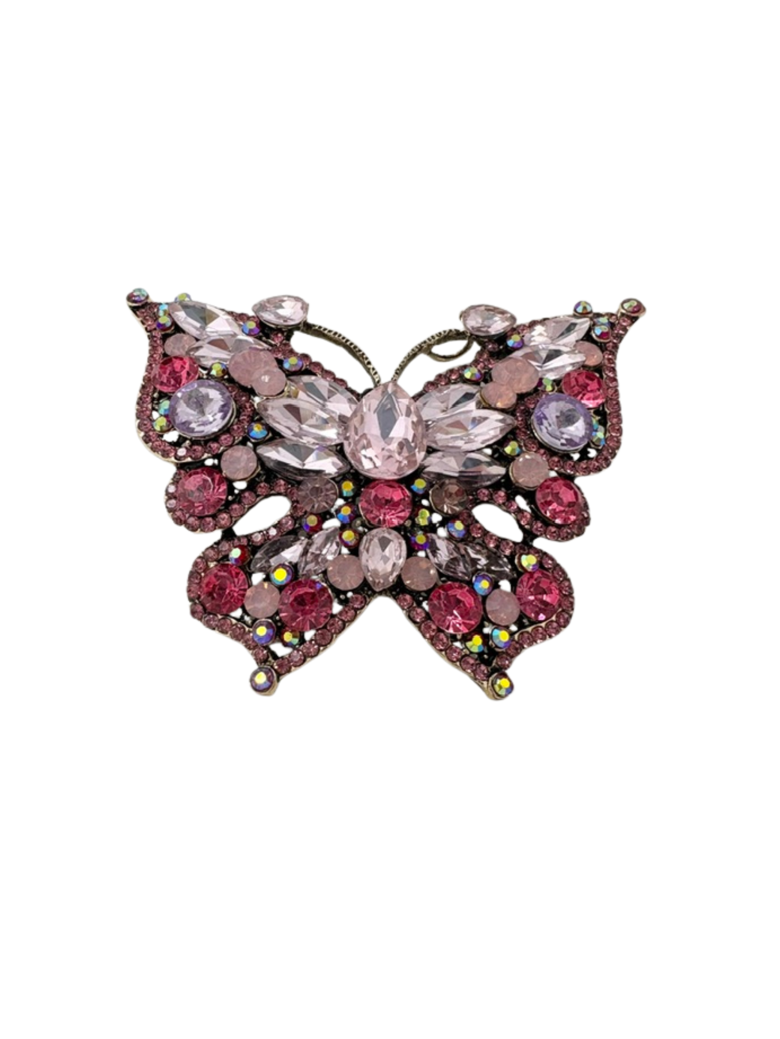 Crystal butterfly brooch with pink, purple, and clear faceted stones on a gold-tone metal base.