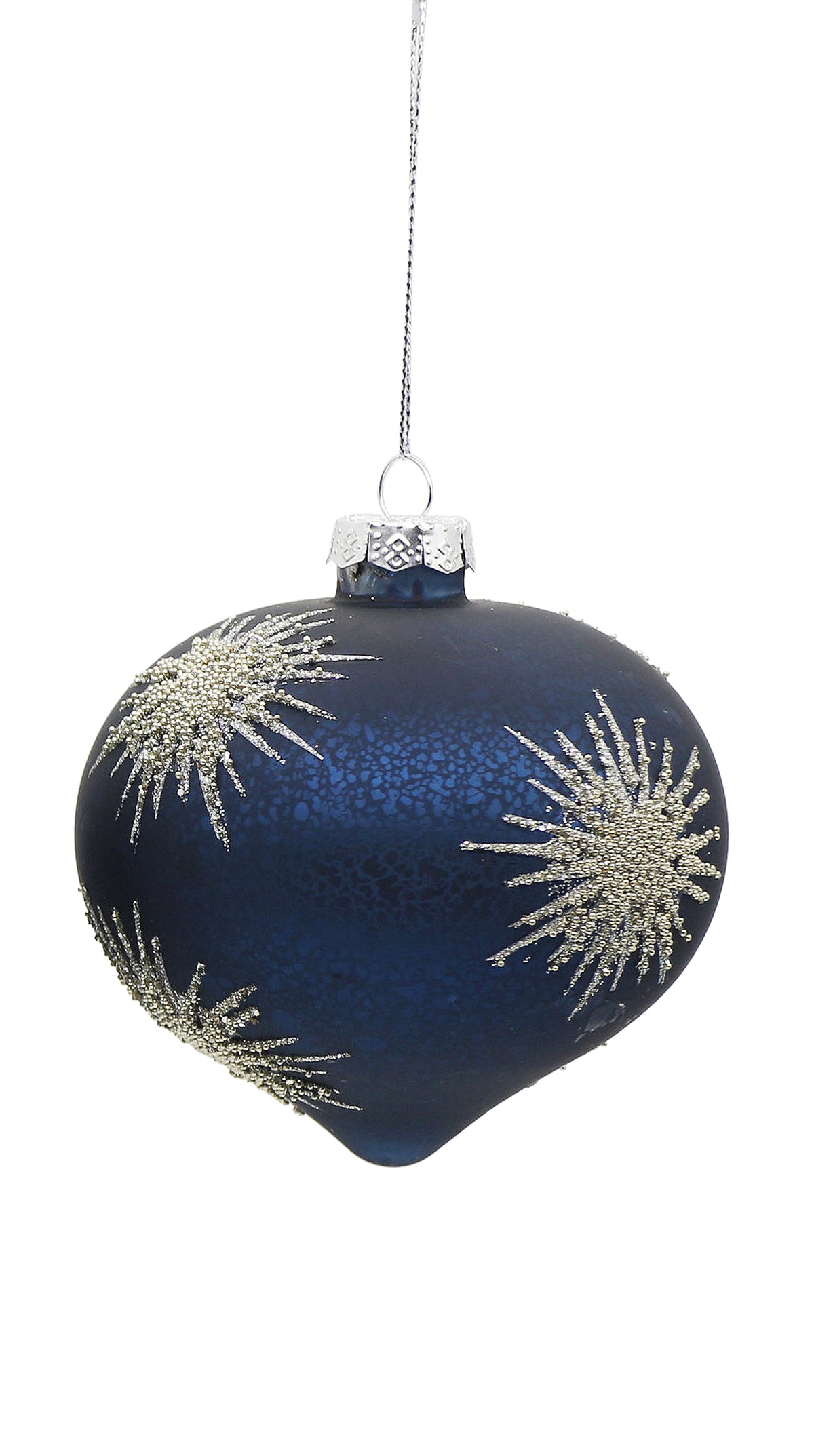 Blue heart-shaped glass ornament with silver glitter starburst patterns and a silver hanging cap.