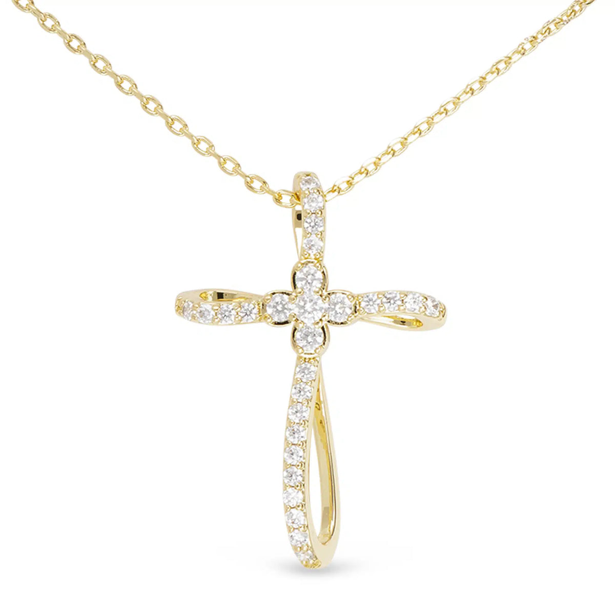 Gold cross necklace with a CZ-studded ribbon design and a clover-shaped center on a gold chain.
