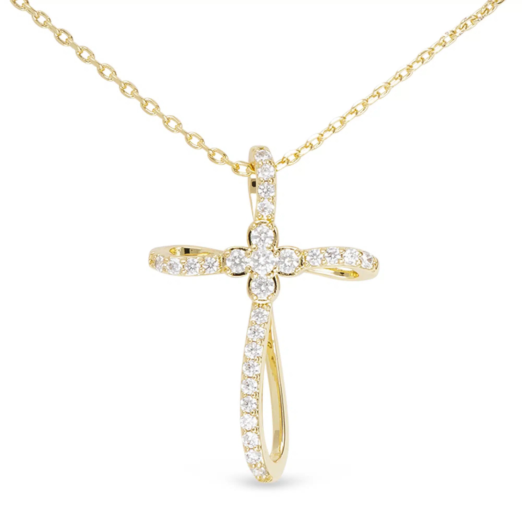 Gold cross necklace with a CZ-studded ribbon design and a clover-shaped center on a gold chain.