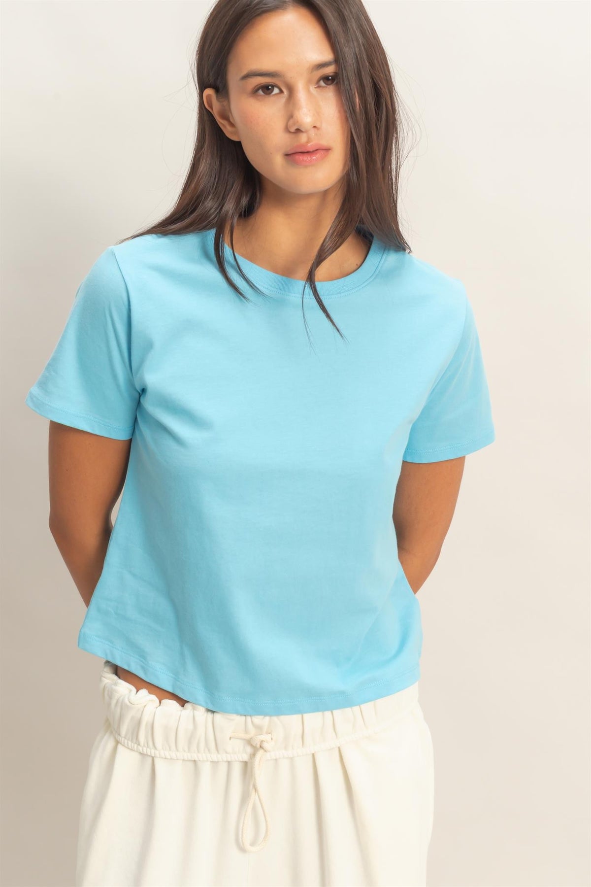 Zyrah crew neck t-shirt in solid color made from 100% cotton fabric.