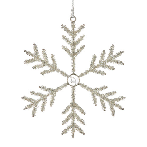6.75-inch beaded snowflake ornament made of glass and iron with a silver finish.