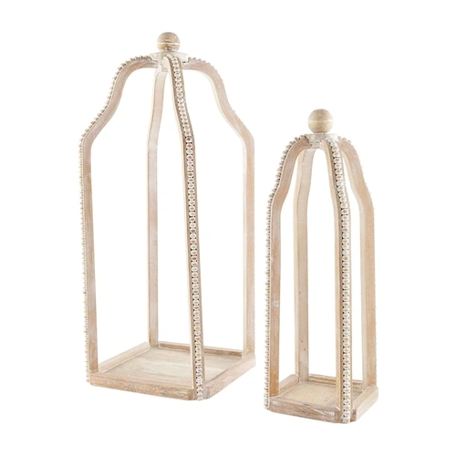 Two distressed wood lanterns with beaded trim and finials, in two sizes.