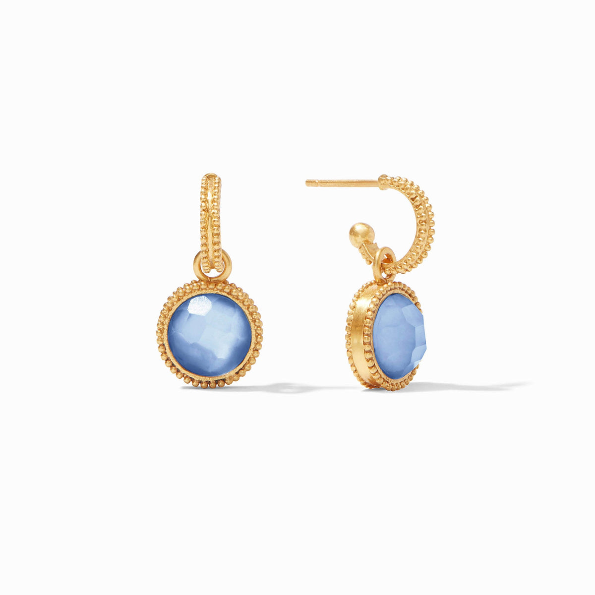 Fleur-de-Lis gold hoop earrings with reversible blue glass and mother of pearl charms.