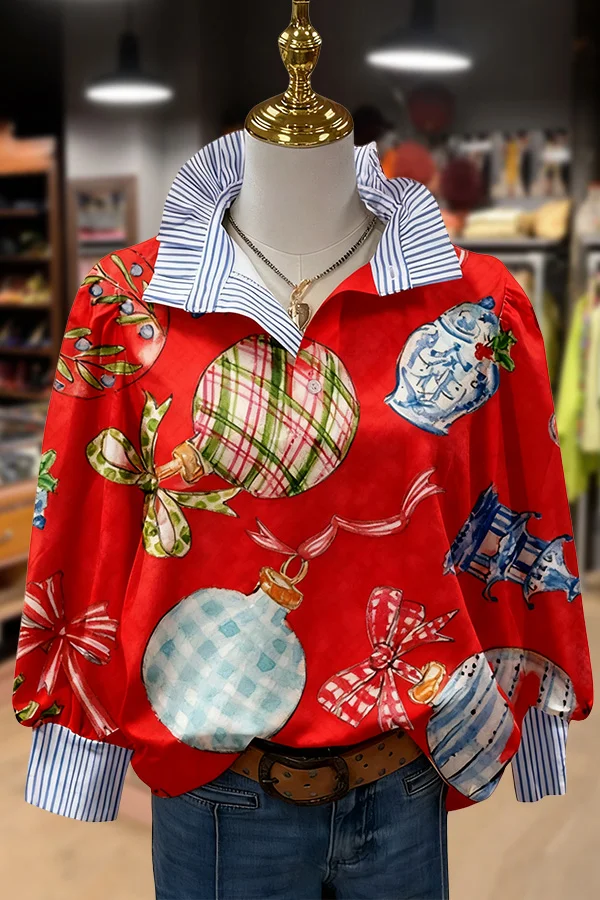 Striped polyester collar top with Christmas ornament print on a light background.