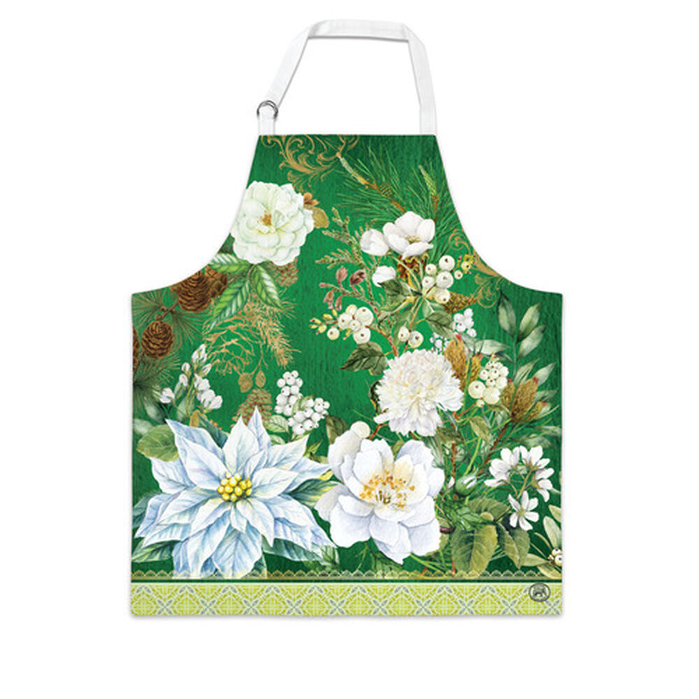 White cotton chef apron with adjustable neck strap and double D-rings.