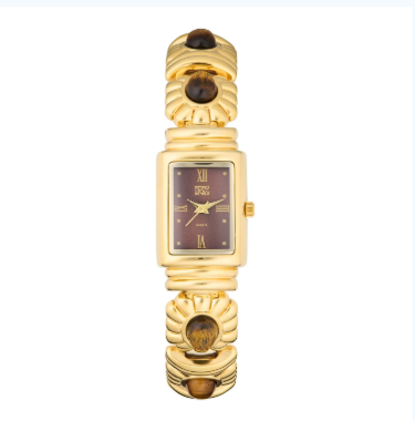 Ladies gold-tone watch with a rectangular brown dial and a decorative stone-inlaid bracelet.