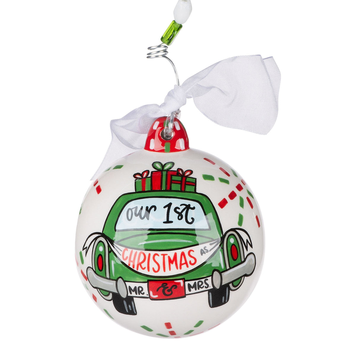 Hand-painted green ceramic Christmas ornament with a classic round shape.
