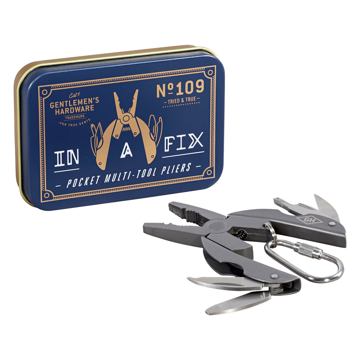 Titanium-coated pocket multi-tool pliers with folded knife, file, screwdrivers, and carabiner.