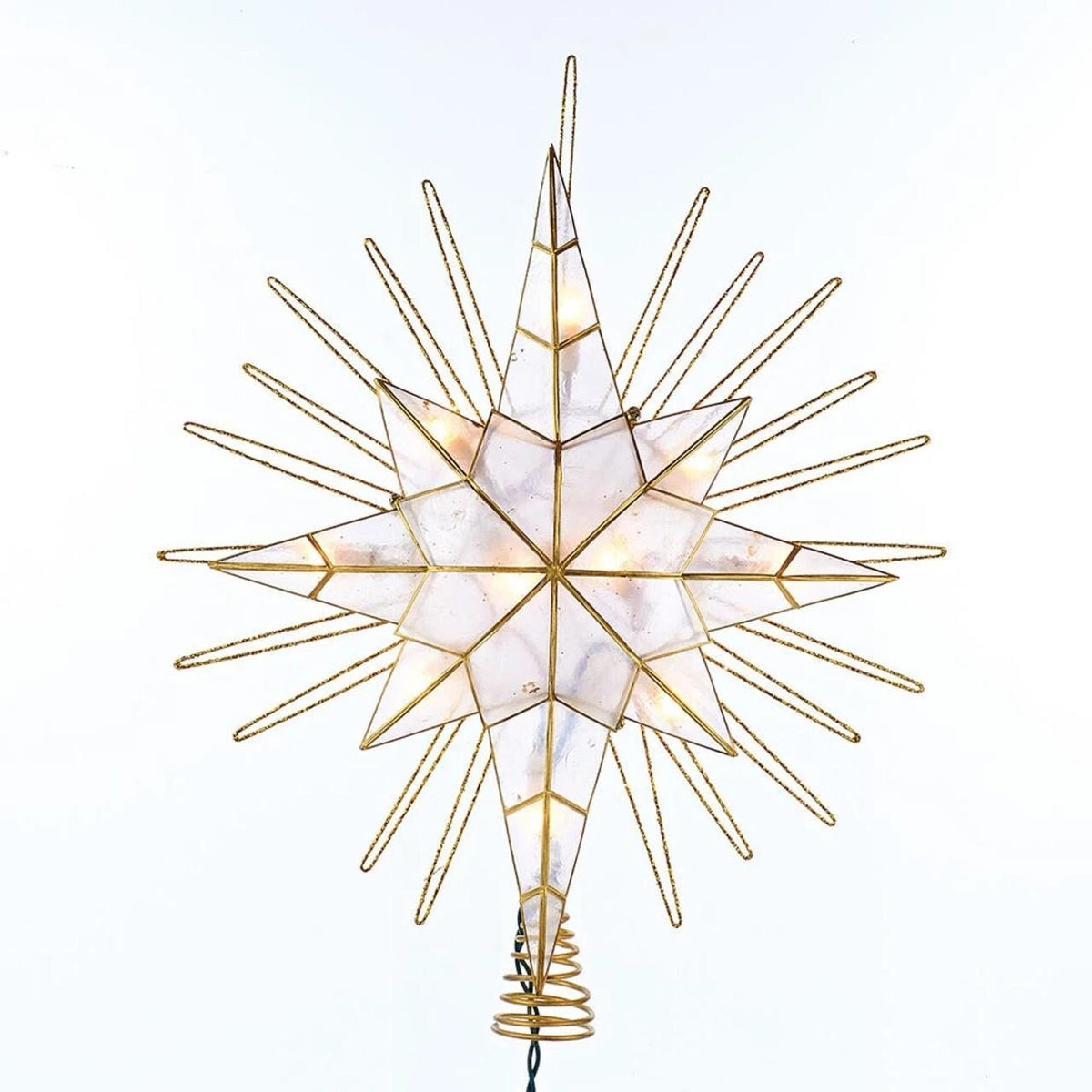 14-inch gold glitter Bethlehem star tree topper with 10 UL lights and capiz shell panels.
