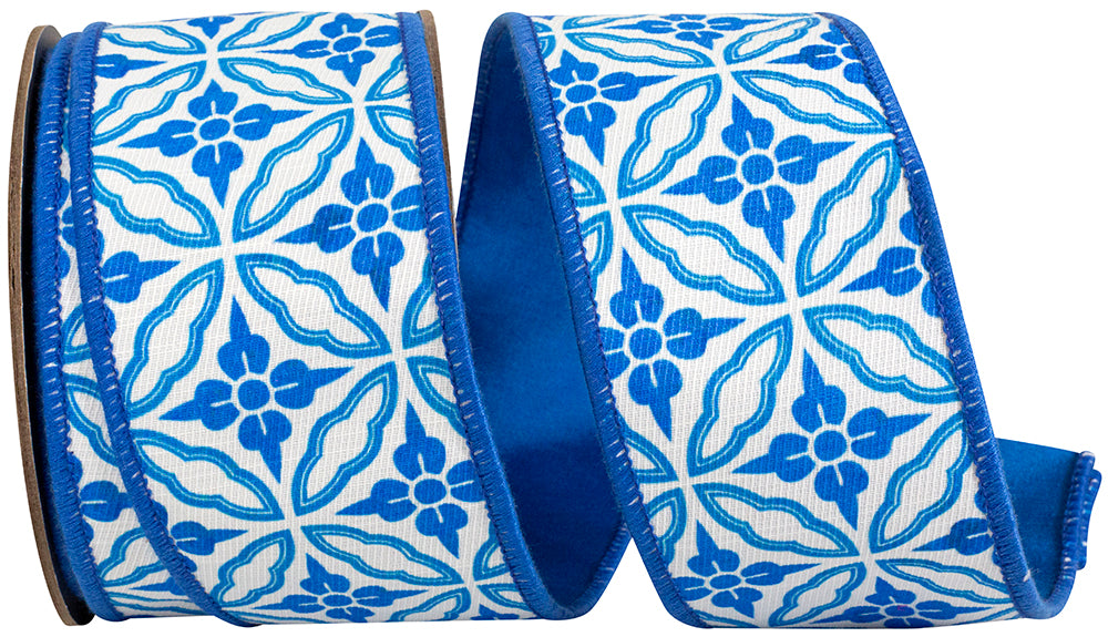 2.5 inch blue and white chinoiserie floral pattern wired edge ribbon with dupioni backing.