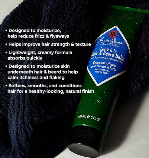 Jack Black Leave It In Hair & Beard Balm 5oz tube with product benefits listed on the left.