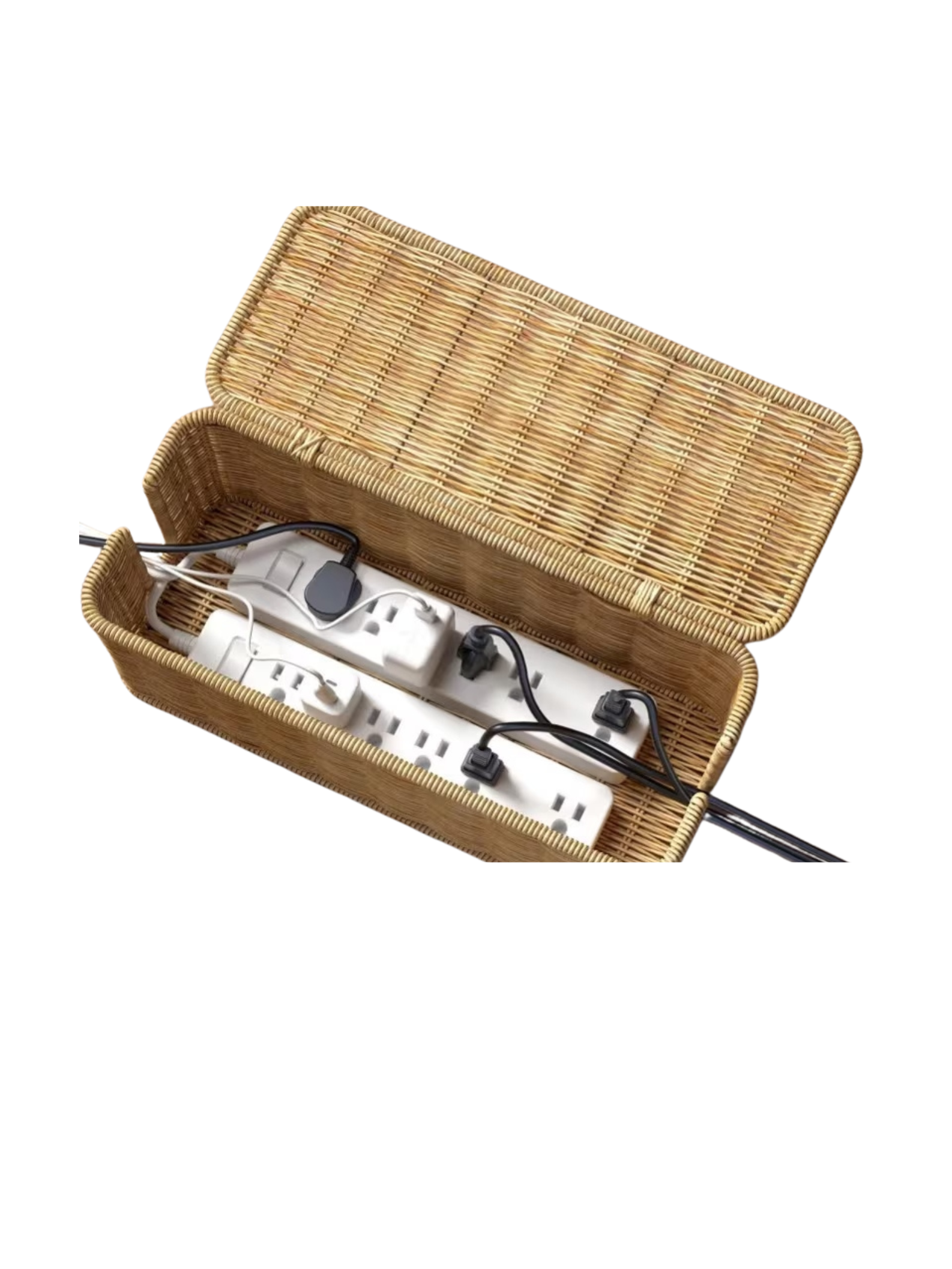 Open rectangular woven rattan cable box concealing two white power strips and various cords.