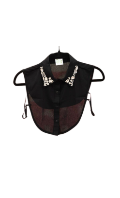 Black detachable faux collar with beaded embellishments on the collar tips and button-down front.