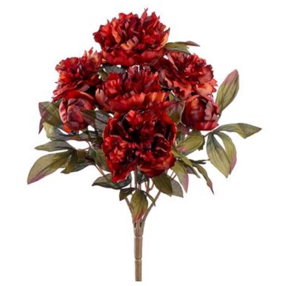 Five rust-colored peony bush artificial flowers with polyester petals on wire stems.