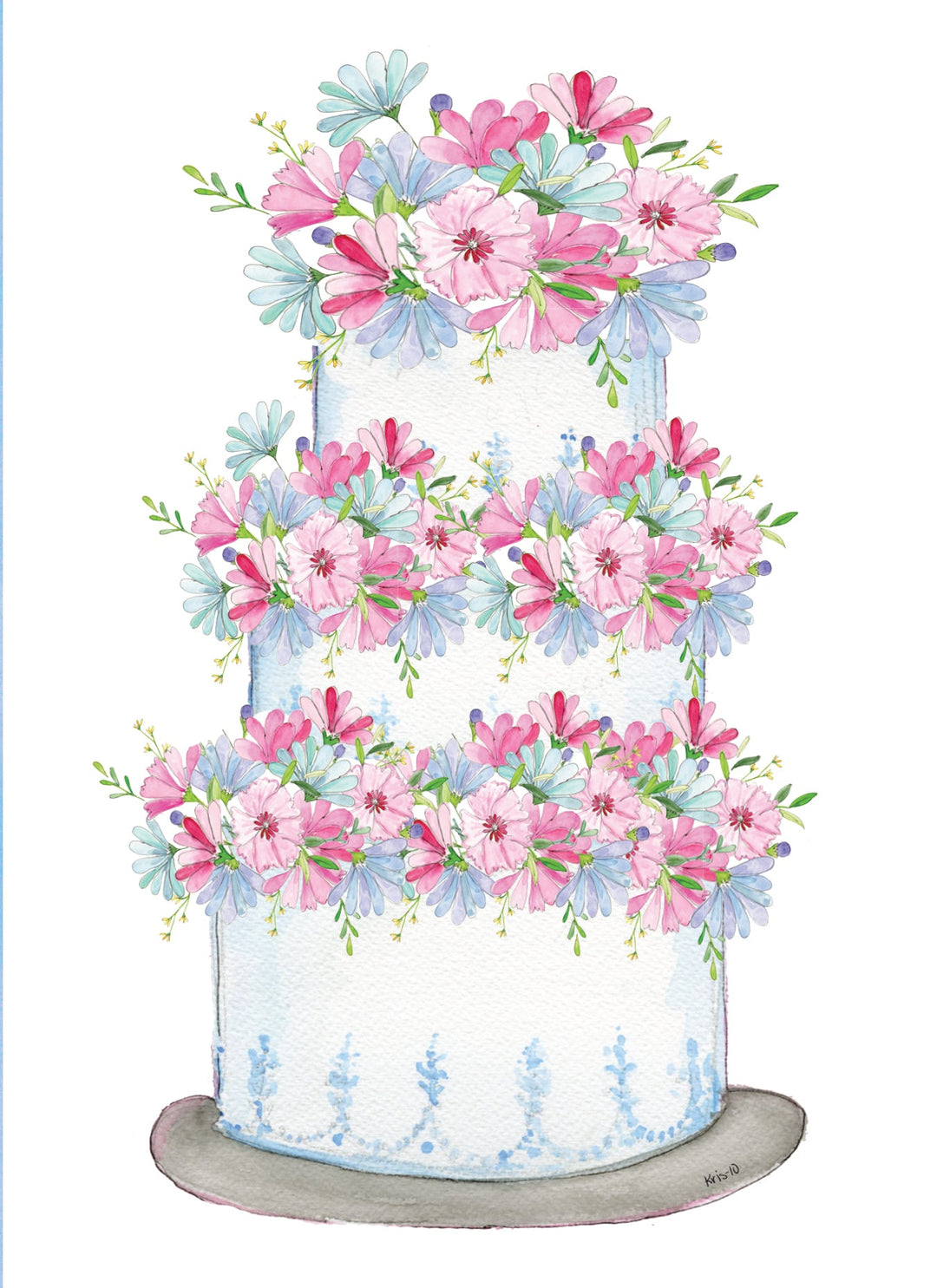 Watercolor illustration of a three-tier white wedding cake decorated with pink and blue flowers.