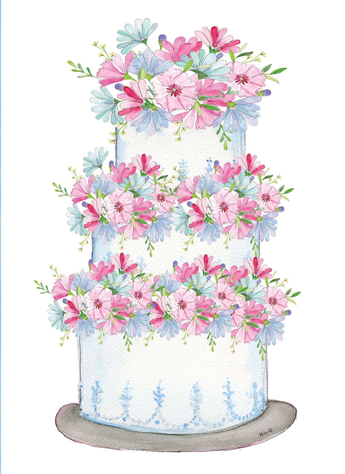 Watercolor illustration of a three-tier white wedding cake decorated with pink and blue flowers.