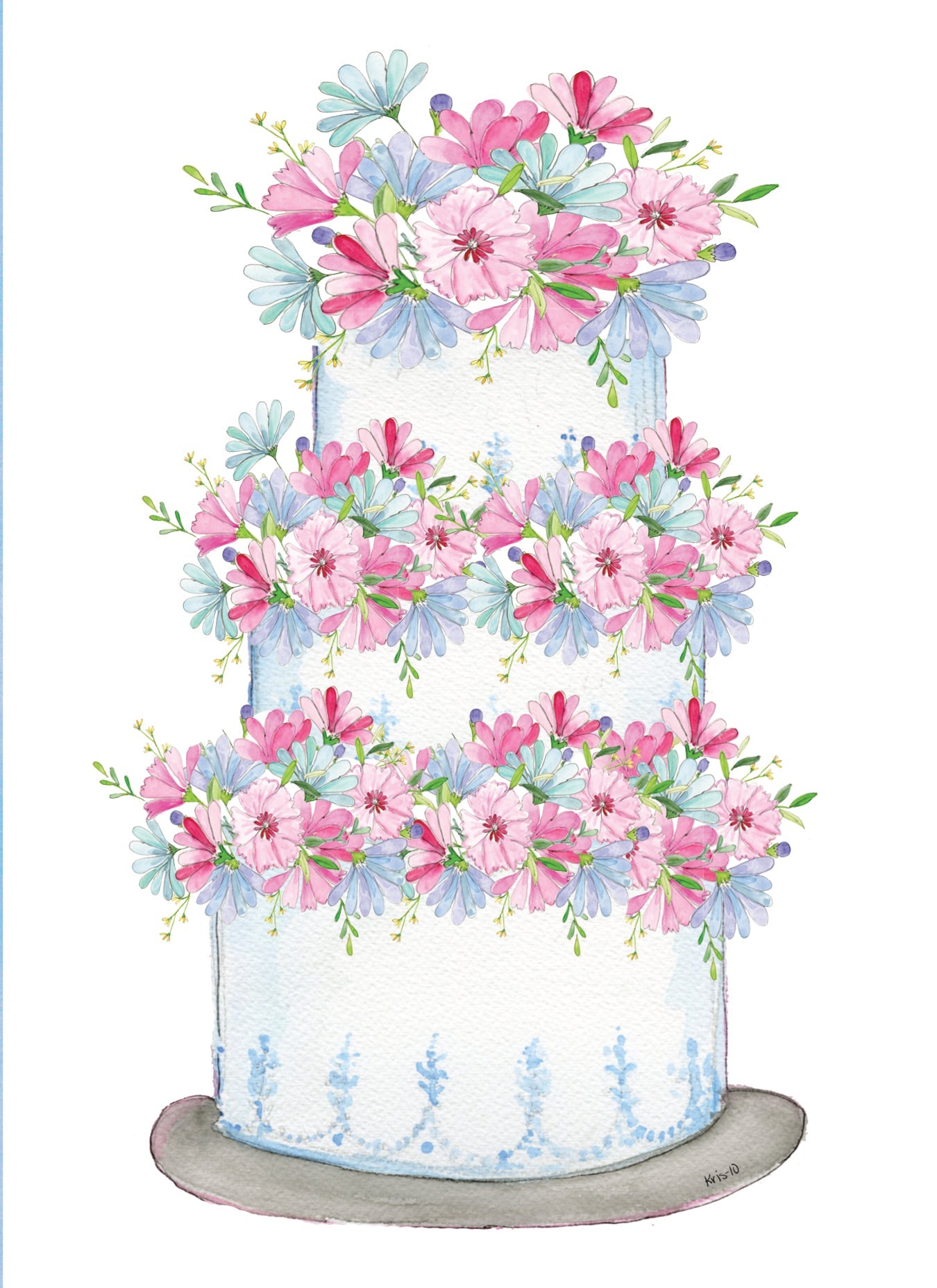 Watercolor illustration of a three-tier white wedding cake decorated with pink and blue flowers.