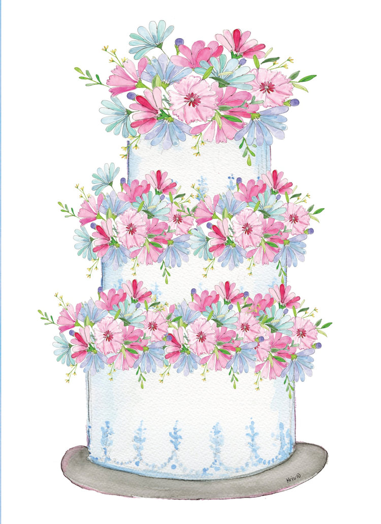 Watercolor illustration of a three-tier white wedding cake decorated with pink and blue flowers.