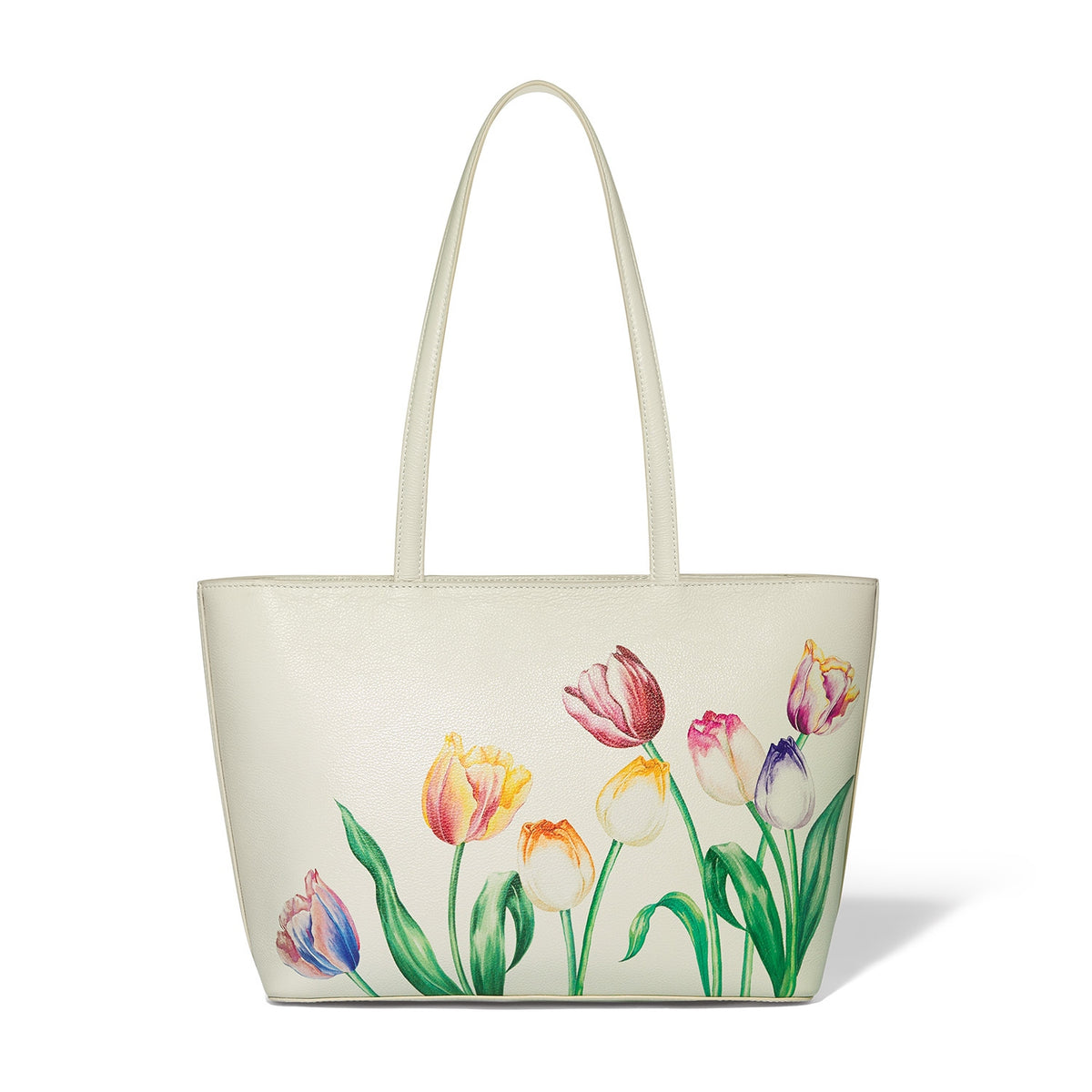 La Tulipe Loverly tote bag in multi-colored leather with a ziptop closure and exterior pocket.