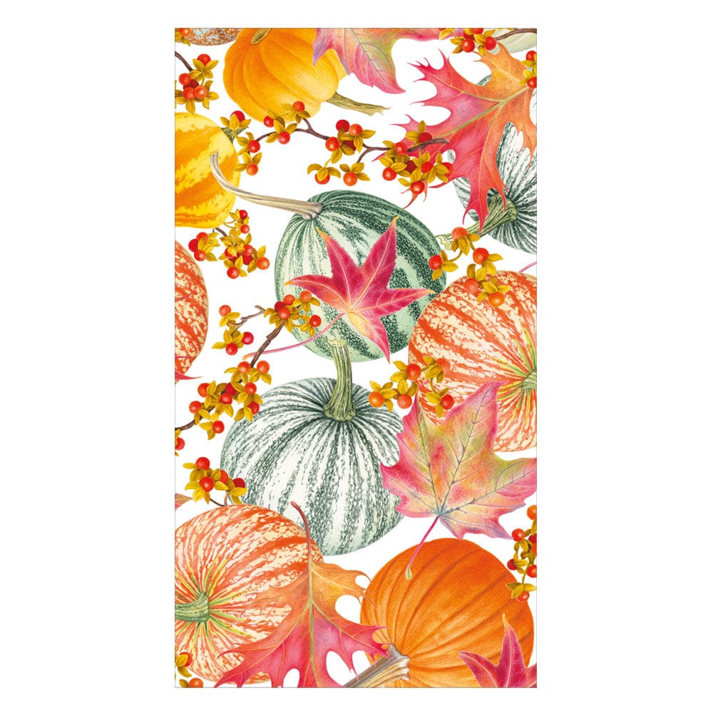 Gourds and Leaves Guest Towels featuring a watercolor pattern of pumpkins, gourds, and fall leaves.