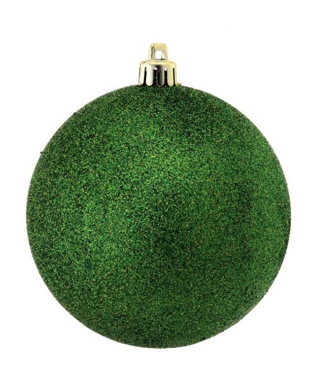 Eight-inch vacuum plate glitter ball ornament with silver metallic finish.