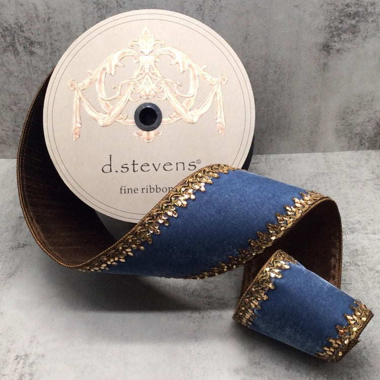 4 inch wide dusty blue velvet ribbon with gold scalloped jewel trim on a d.stevens spool.