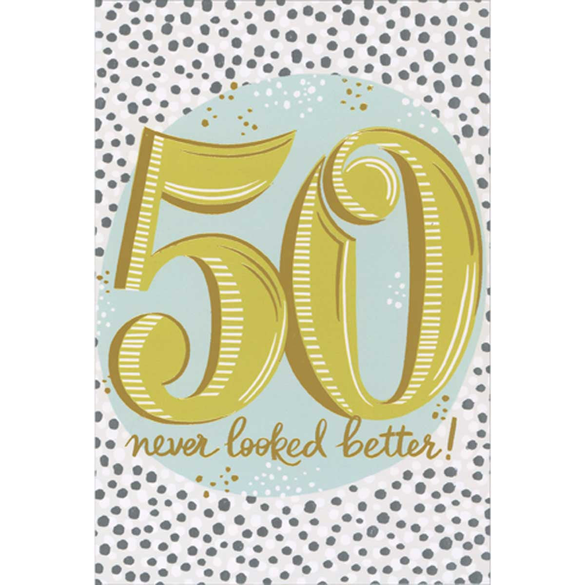 Foil balloon shaped like a number fifty with text reading 'Occasion - 50th Birthday' and inside message 'Wishing you a Happy Birthday!'