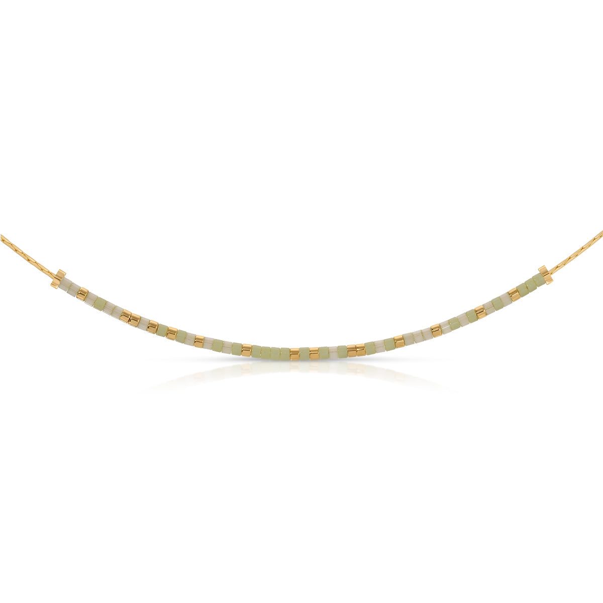 Gold necklace with a celery green crystal cut pendant on an 16.5-inch chain.