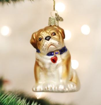 Bull Pup ornament featuring a brown dog silhouette with white accents on a round wooden base.