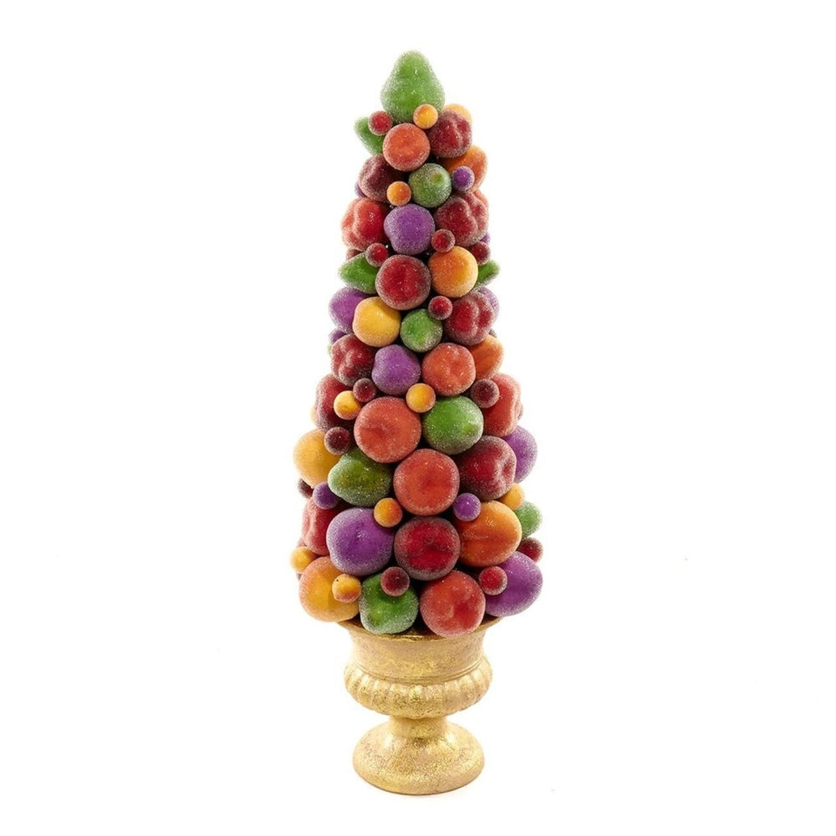 17-inch tabletop fruit tree decoration with colorful sugared fruit in a gold pedestal urn.